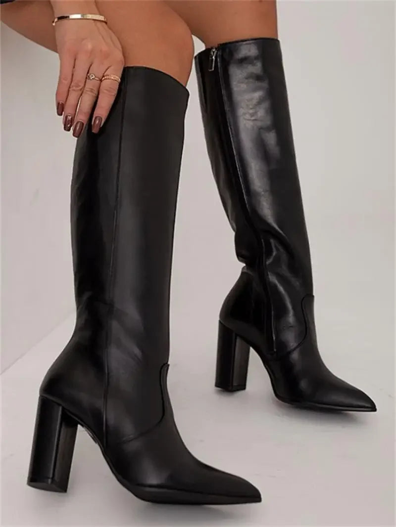 Women's knee-high pointed toe heeled boots