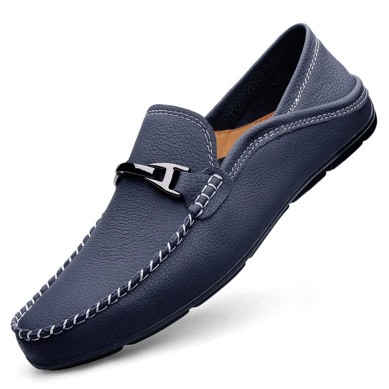 Men's slip-on loafers with moc toe stitching and metal bit detail