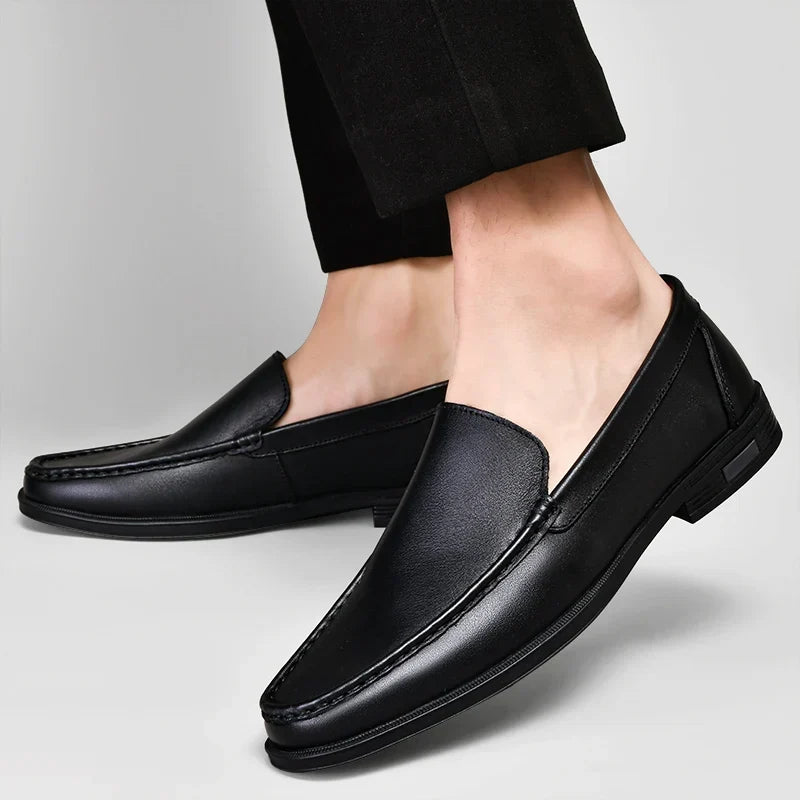 Men's slip-on moc toe loafers in black and brown