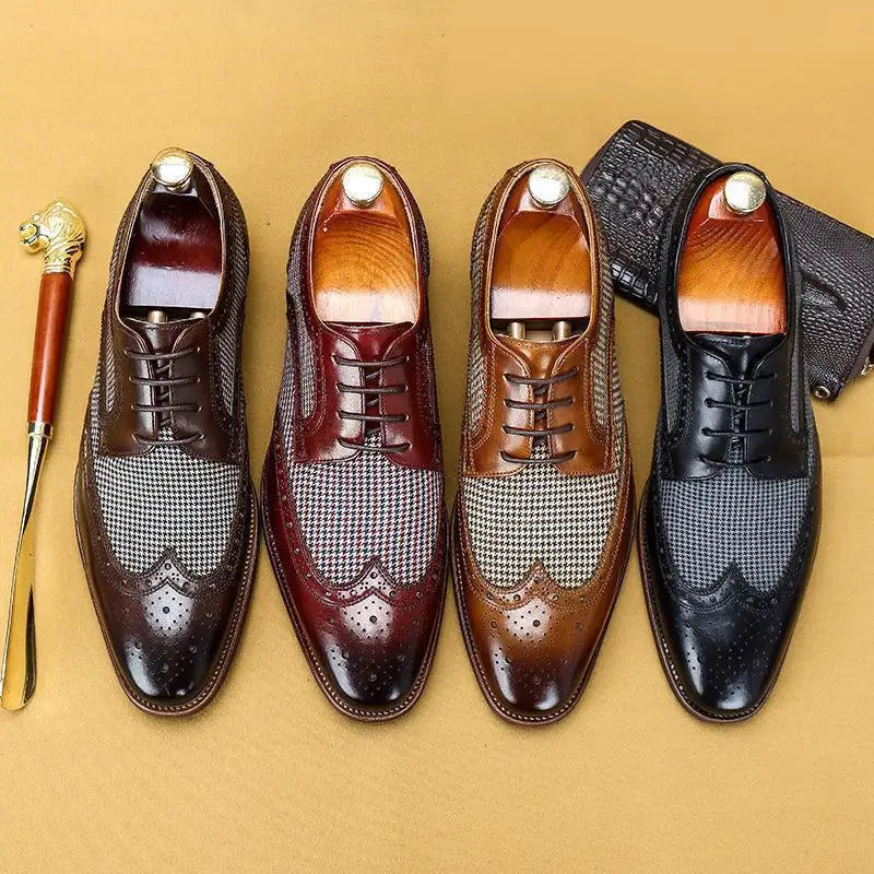 Men's brogue Oxford shoes with wingtip perforations and checked panels