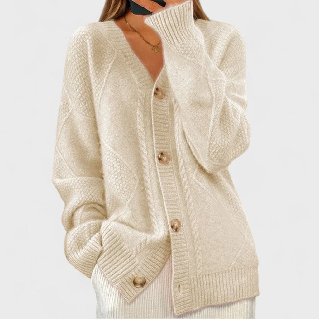 Women's textured knit cardigan with V-neckline, long sleeves and front buttons