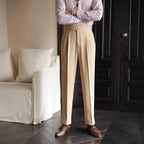 Men's high rise pleated straight leg trousers with side pockets