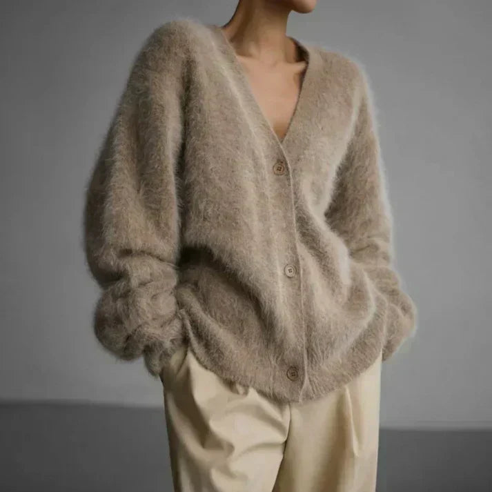 Women's oversized fuzzy V-neck cardigan with long sleeves and button front