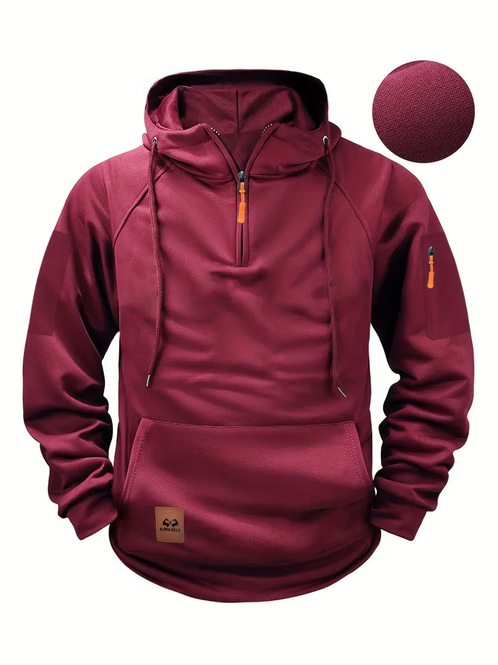 Men's solid hooded zip hoodie with drawstrings, long sleeves and front pouch pocket