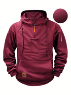 Men's solid hooded zip hoodie with drawstrings, long sleeves and front pouch pocket