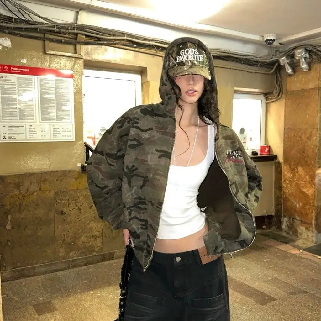 Women's brown camouflage hooded jacket with front zipper and long sleeves
