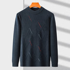 Men's geometric argyle crew neck sweater with long sleeves and ribbed trims