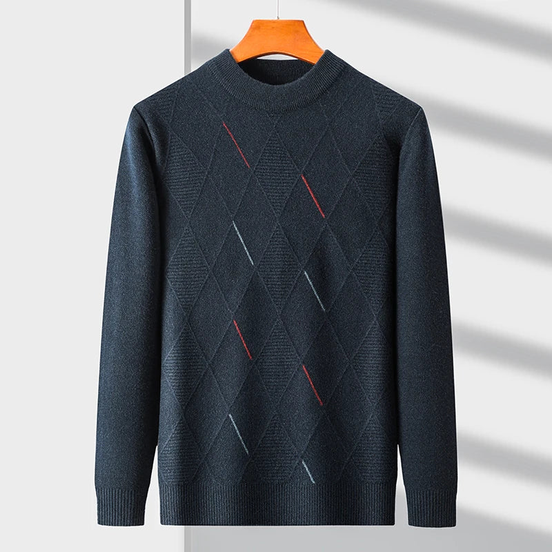 Men's geometric argyle crew neck sweater with long sleeves and ribbed trims