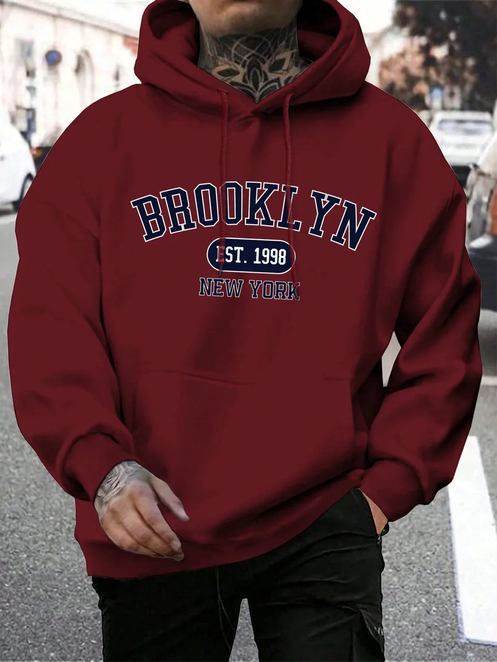 Men's long-sleeve graphic hoodie with drawstring hood and kangaroo pocket