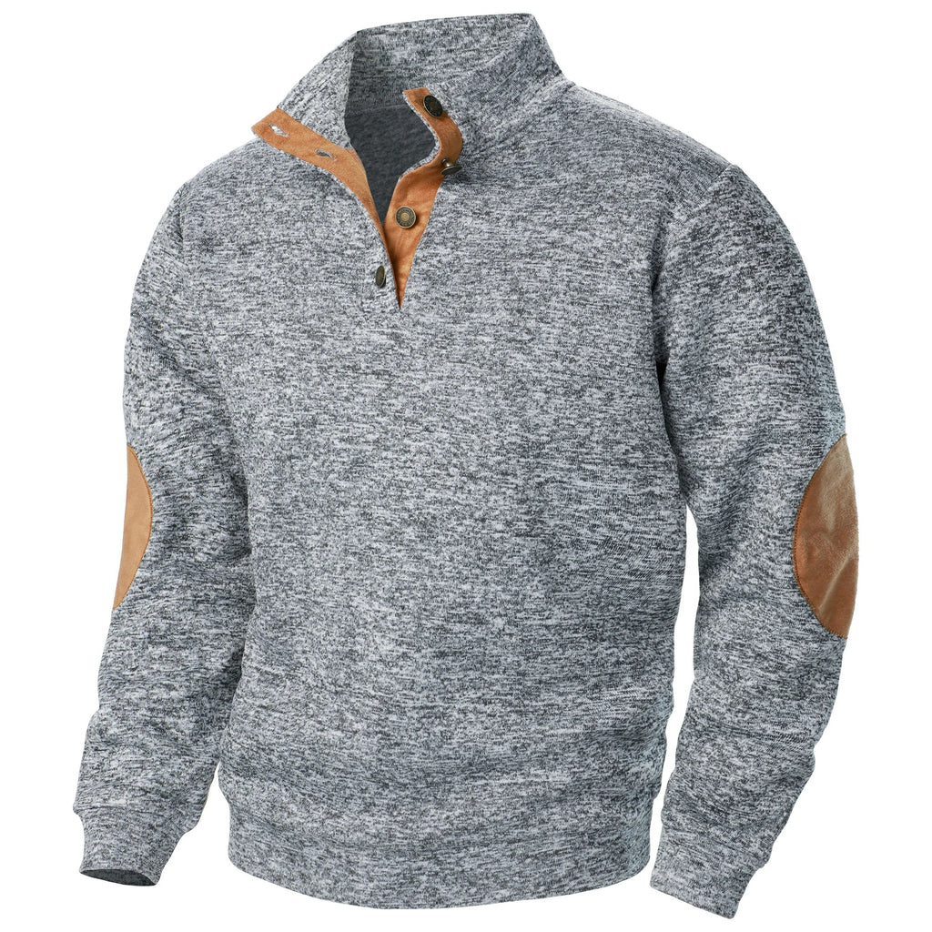 Men's textured mock neck sweater with contrast elbow patches