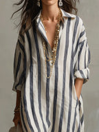 Women's long striped shirt dress with collar and rolled sleeves