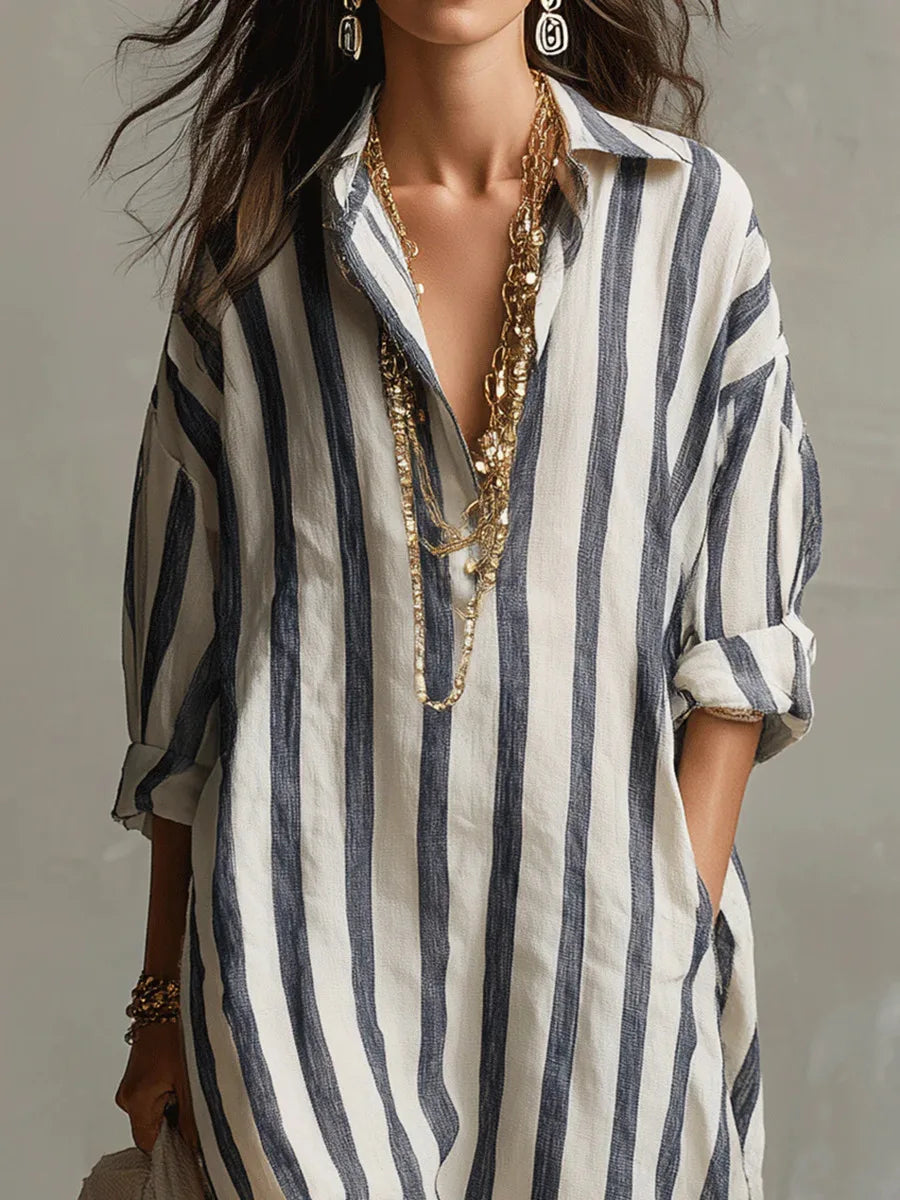 Women's long striped shirt dress with collar and rolled sleeves