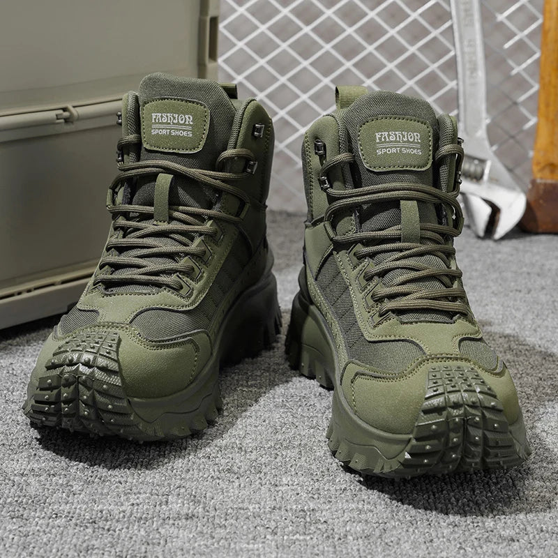 Men's high-top running shoes with lace-up fronts and lugged soles
