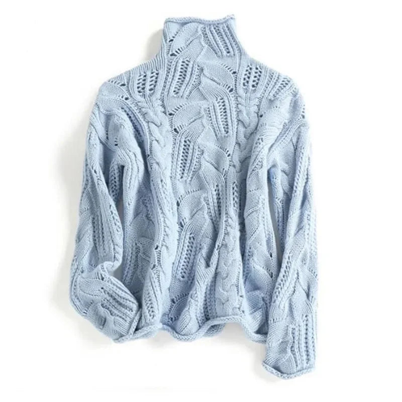 Women's textured cable knit turtleneck sweater with long sleeves