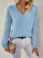 Women's V-neck sweater with open-knit textured sleeves