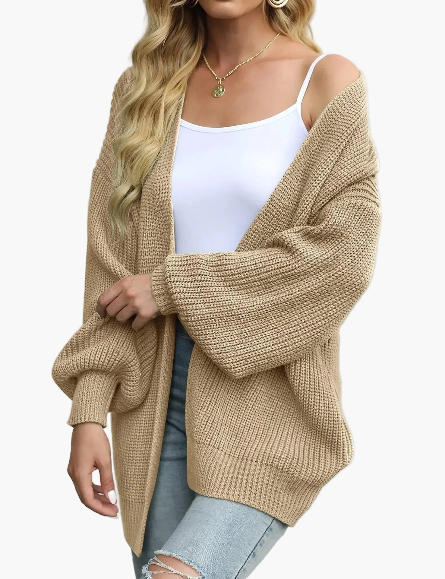 Women's oversized open front knit cardigan with long sleeves