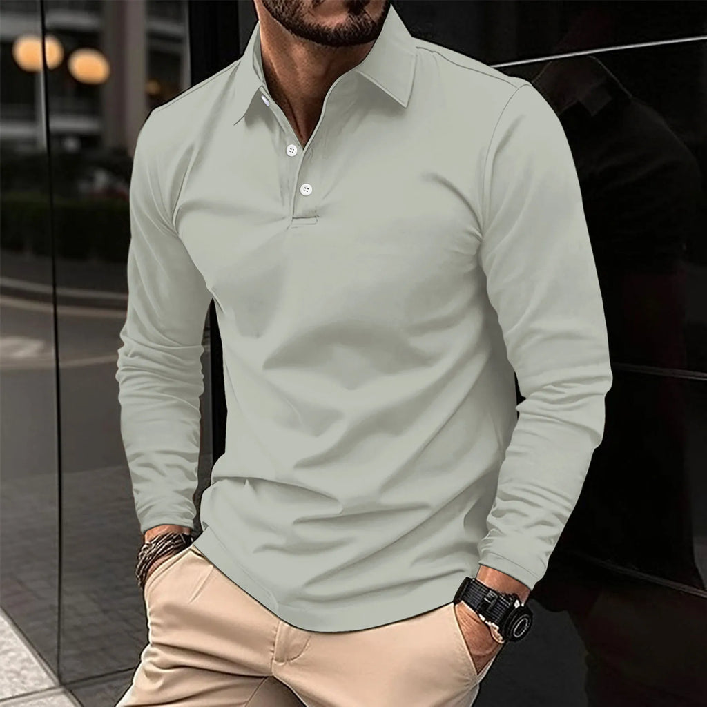 Men's long sleeve polo shirt with collar and button placket