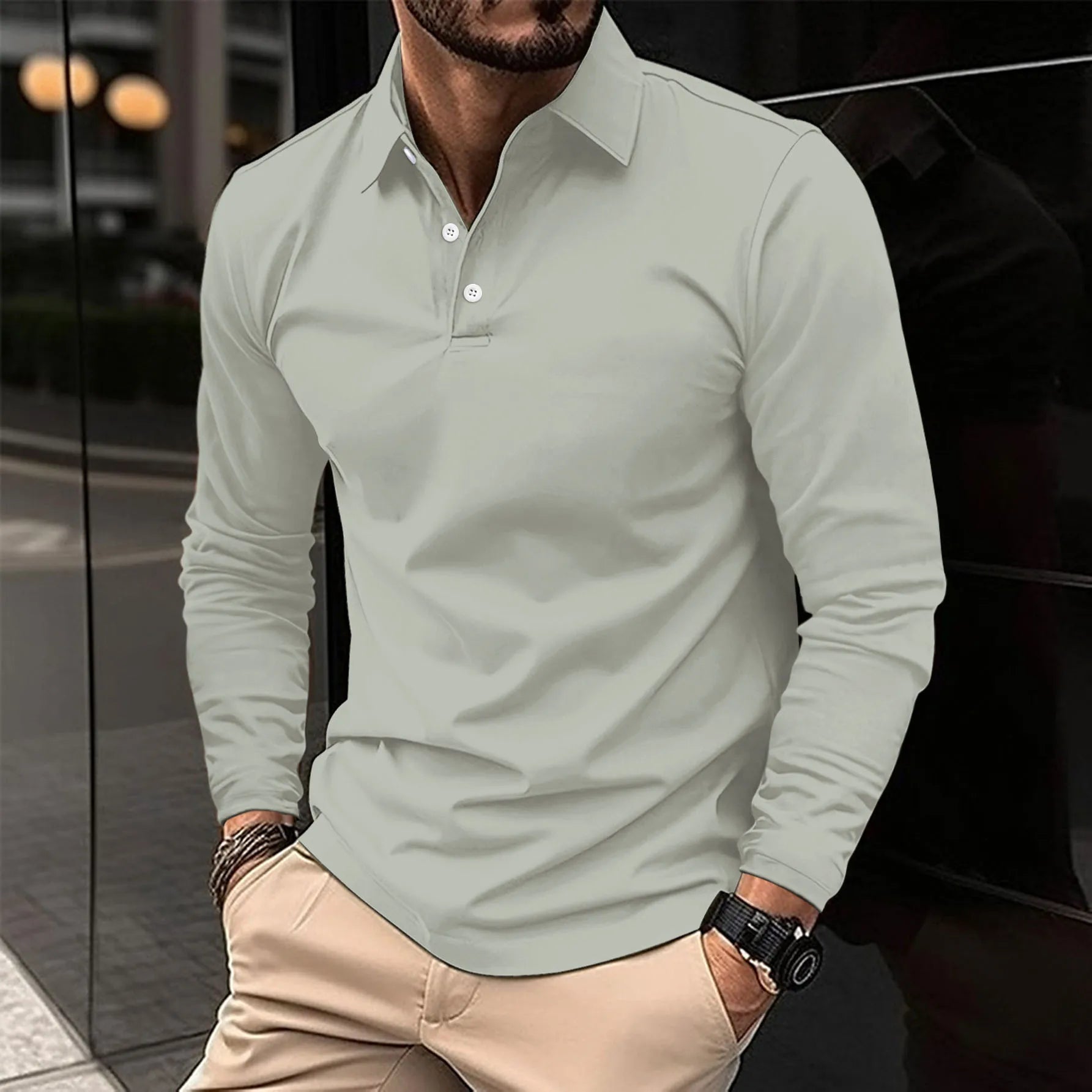 Men's long sleeve polo shirt with collar and button placket