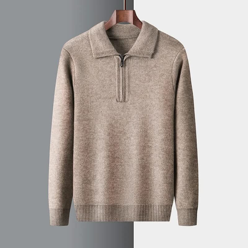 Men's plain quarter zip sweater with knitted collar and ribbed trims