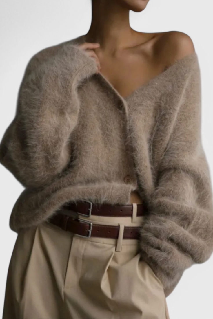 Women's relaxed fuzzy knit V-neck cardigan with buttons