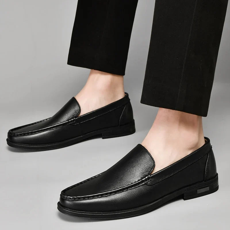 Men's slip-on moc toe loafers in black and brown