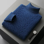 Men's long-sleeved cable knit roll neck jumper with ribbed trims
