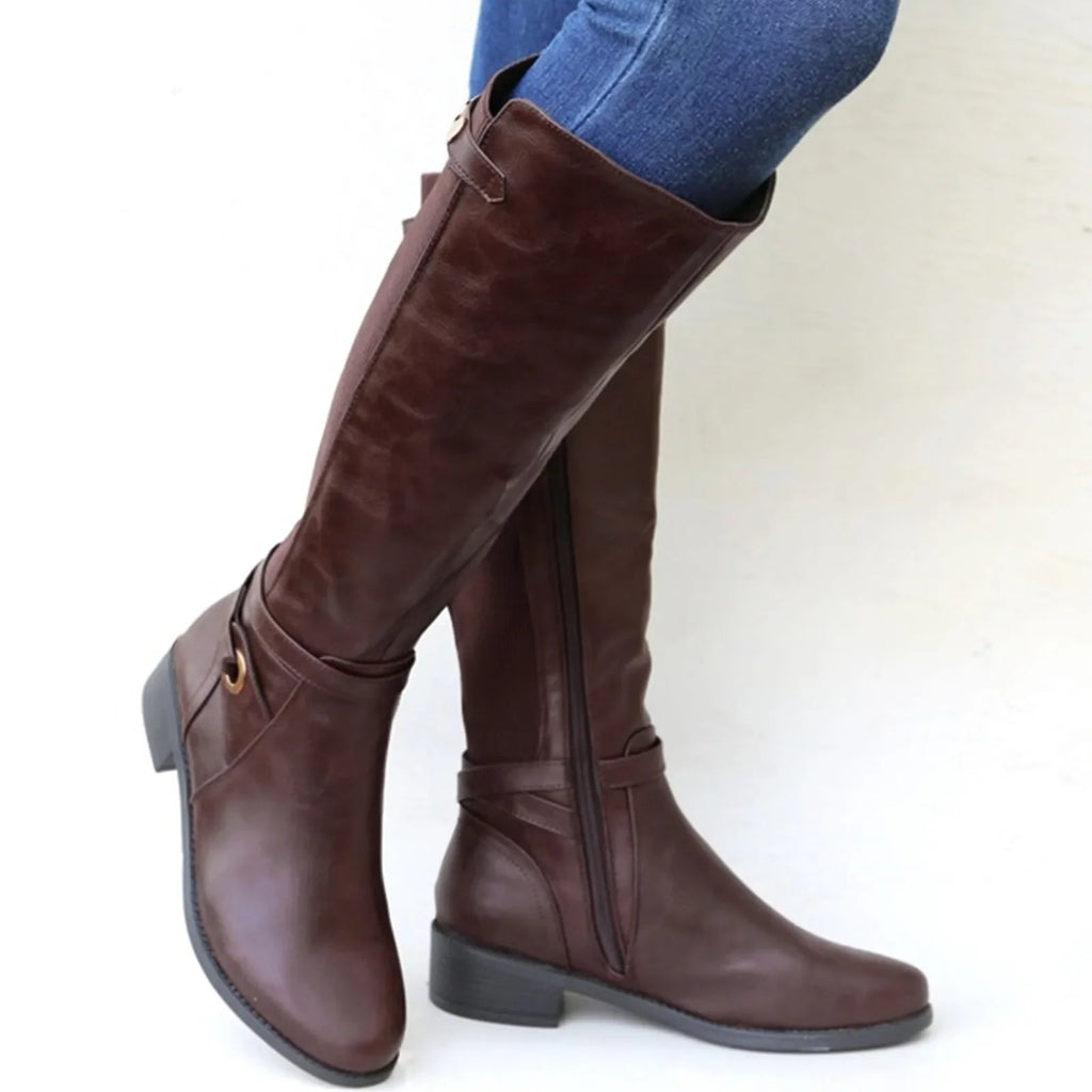 Women's knee-high boots with low block heels and side zips
