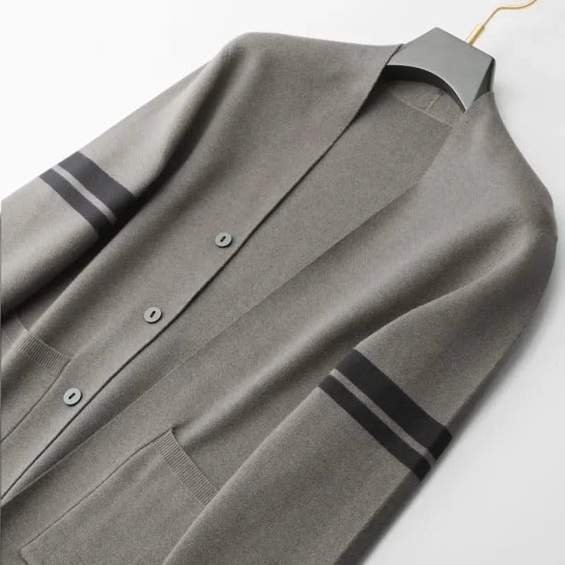Men's striped knit cardigan with button front, long sleeves and patch pockets