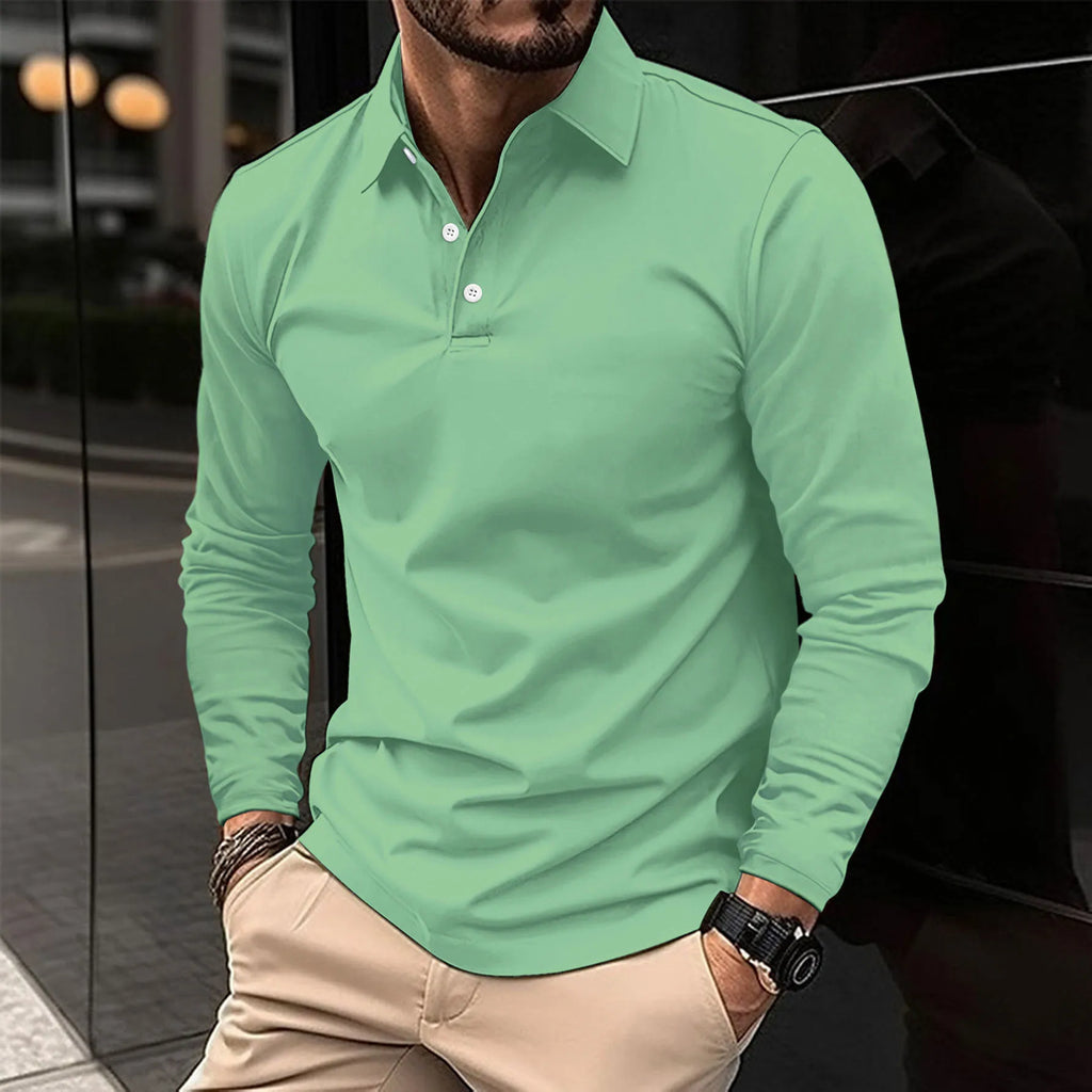 Men's long sleeve polo shirt with collar and button placket