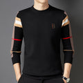 Men's crew neck sweater with striped long sleeves and ribbed trims