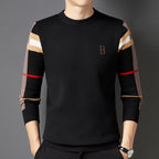 Men's crew neck sweater with striped long sleeves and ribbed trims