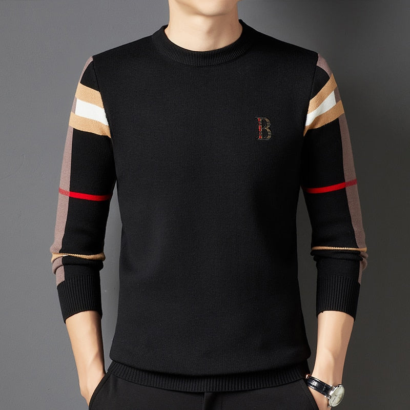 Men's crew neck sweater with striped long sleeves and ribbed trims