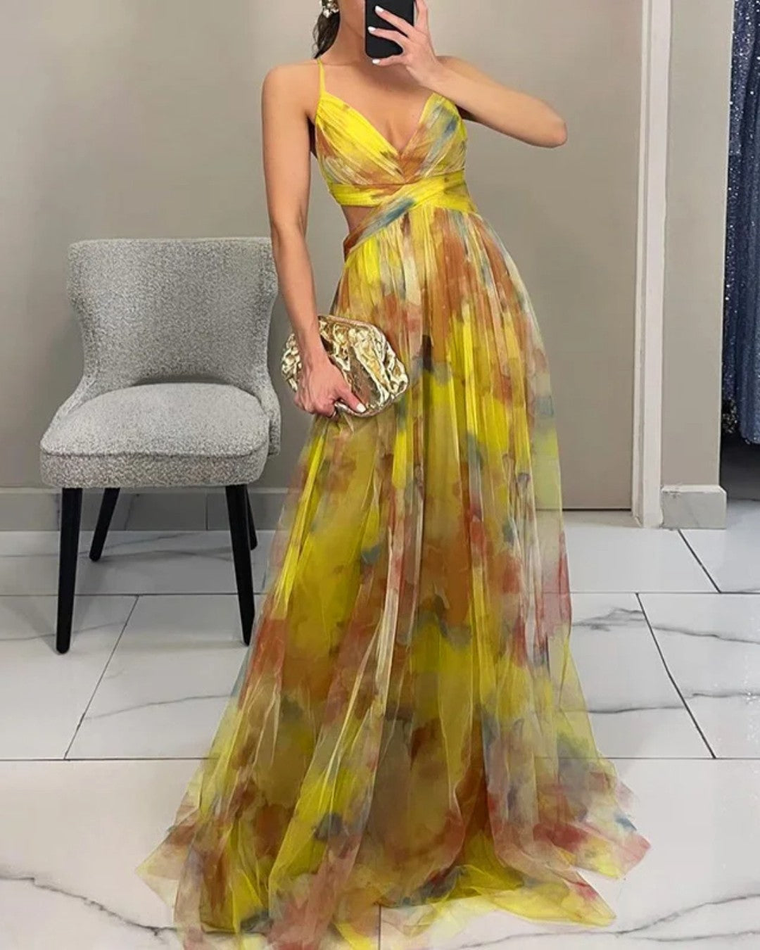 Women's abstract maxi dress with V-neckline and spaghetti straps