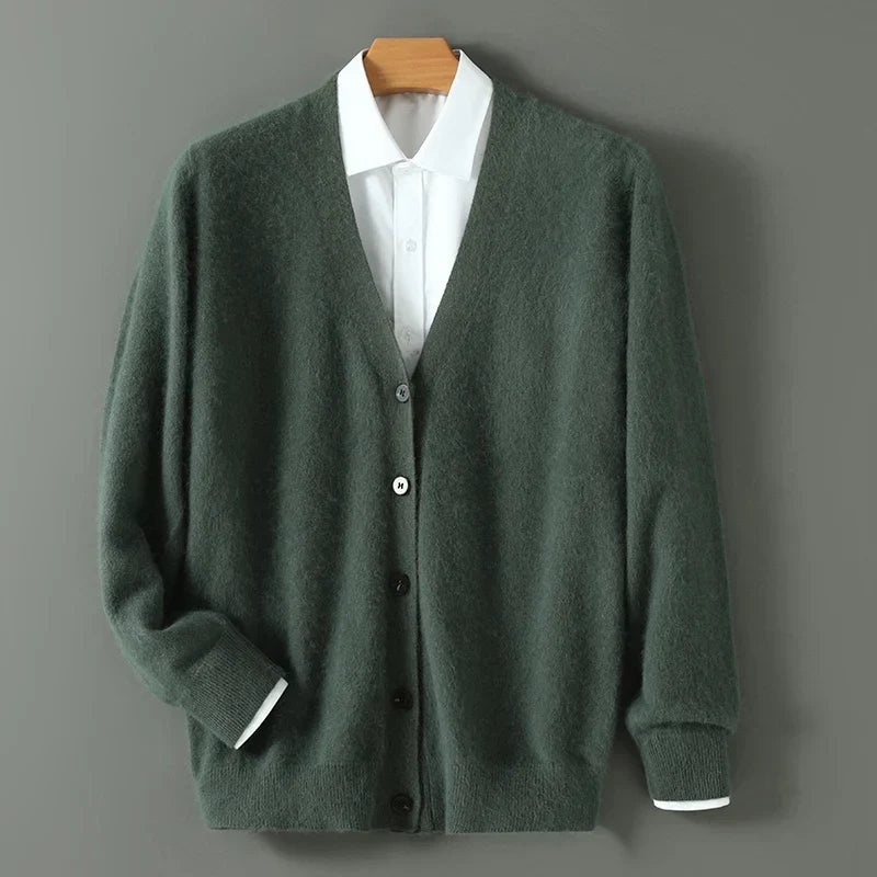 Men's V-neck button cardigan with long sleeves and ribbed trims
