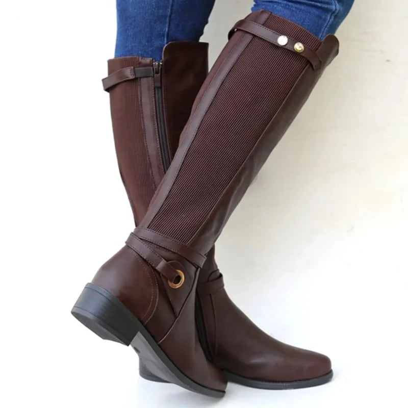 Women's knee-high boots with low block heels and side zips