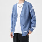 Men's striped V-neck cardigan sweater with long sleeves and tie closures