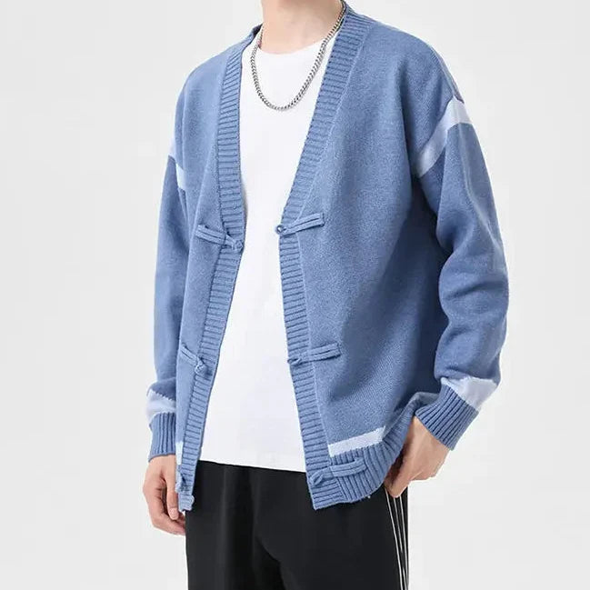 Men's striped V-neck cardigan sweater with long sleeves and tie closures