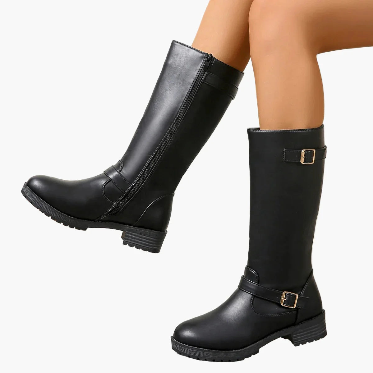Women's black knee high boots with buckles and low heel