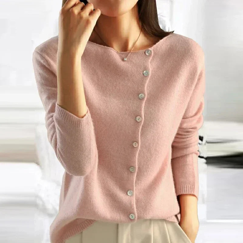 Women's plain long-sleeved button cardigan with a round neckline