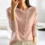 Women's plain long-sleeved button cardigan with a round neckline