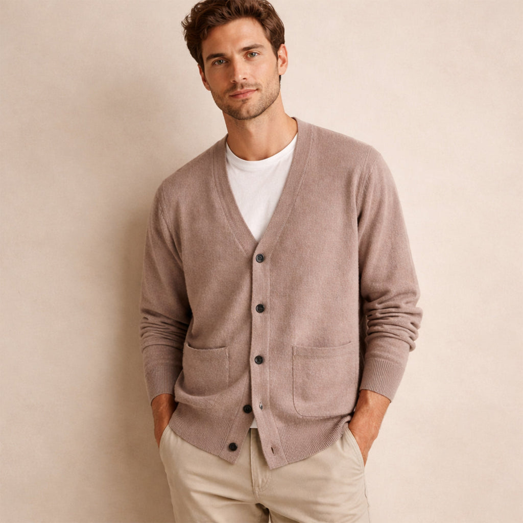 Men's V-neck button cardigan with long sleeves and front patch pockets