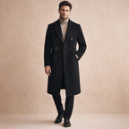 Men's double-breasted long coat with notched lapels
