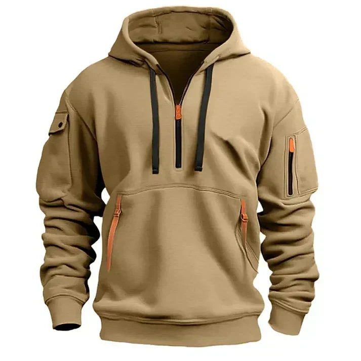Men's long-sleeve hooded hoodie with half zip and multiple utility pockets