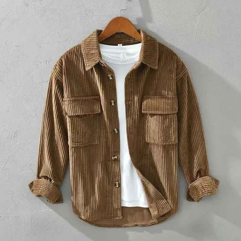 Men's long-sleeved corduroy shirt with button front and two chest pockets