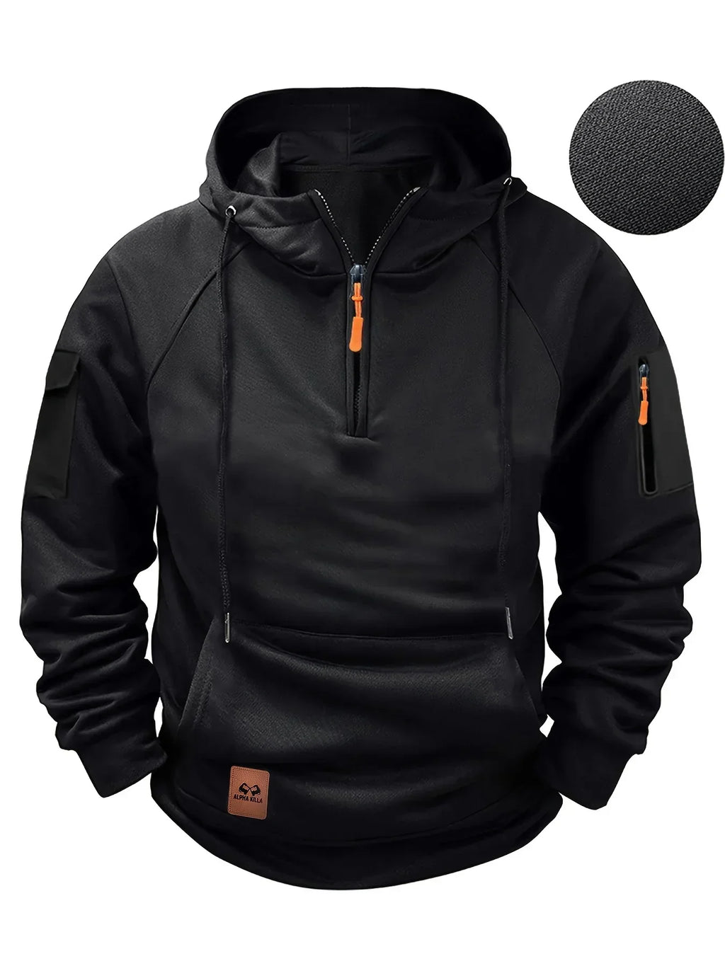 Men's solid hooded zip hoodie with drawstrings, long sleeves and front pouch pocket