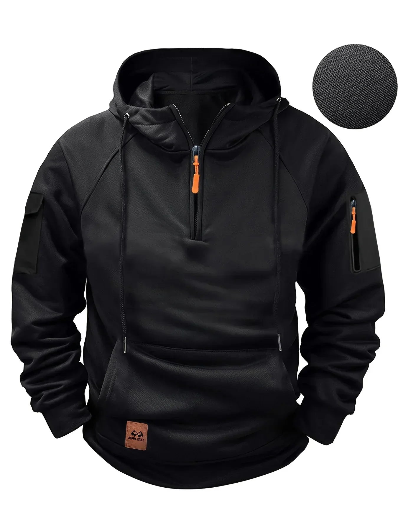 Men's solid hooded zip hoodie with drawstrings, long sleeves and front pouch pocket