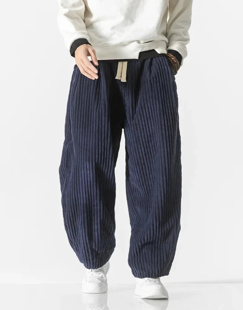 Men's wide-leg ribbed corduroy trousers with drawstring waist