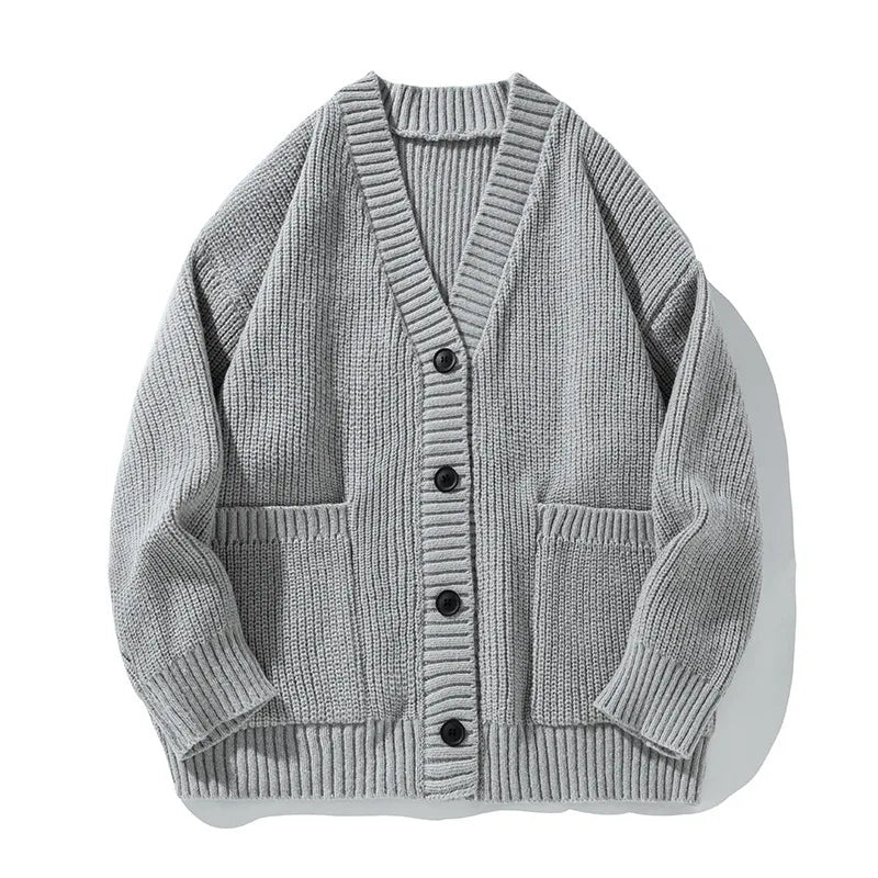 Women's oversized ribbed V-neck cardigan with buttons and patch pockets
