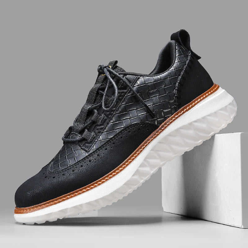 Textured lace-up sneakers with rounded toe and contrast sole trim