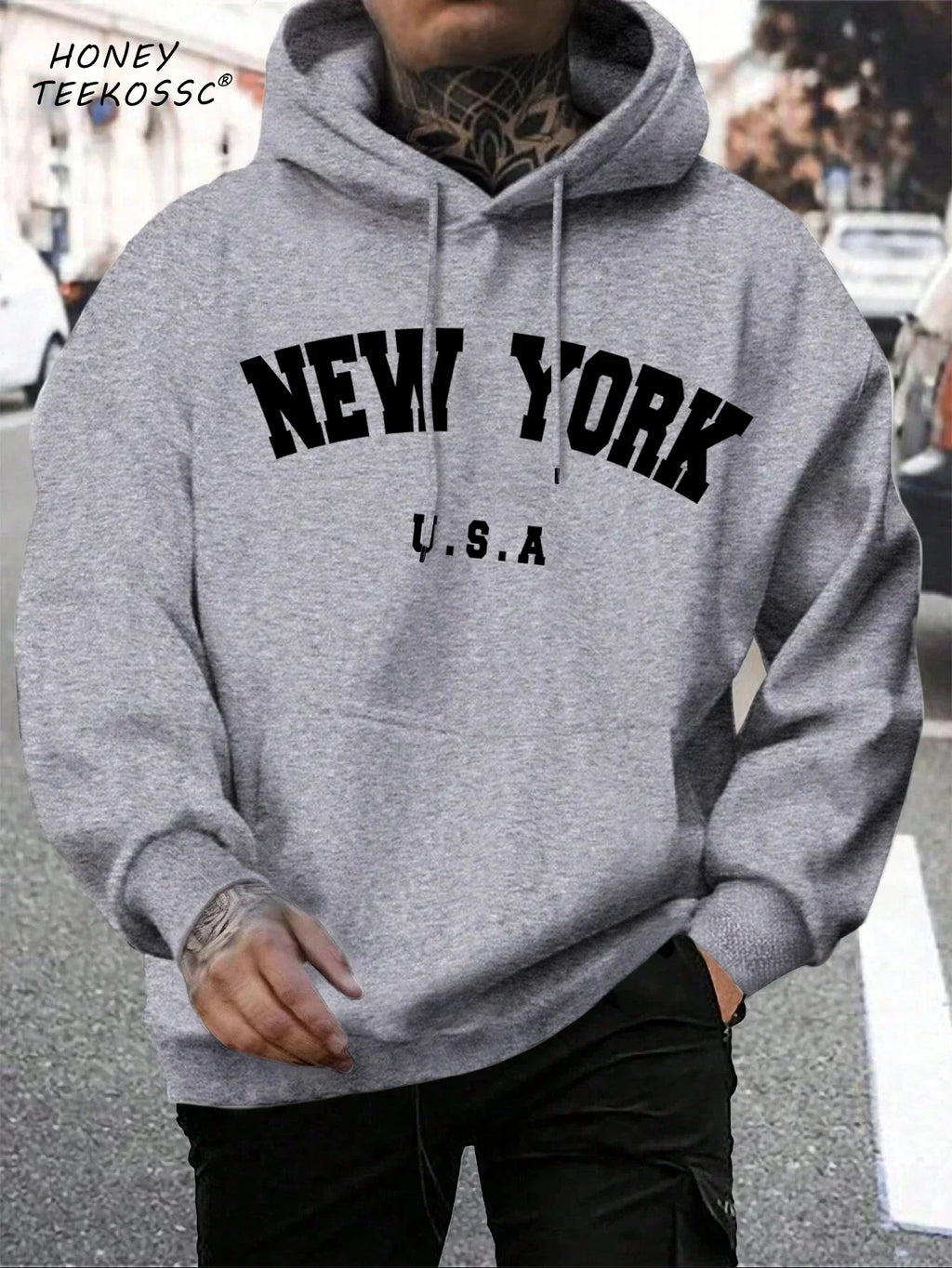 Men's long-sleeve graphic hoodie with drawstring hood and kangaroo pocket